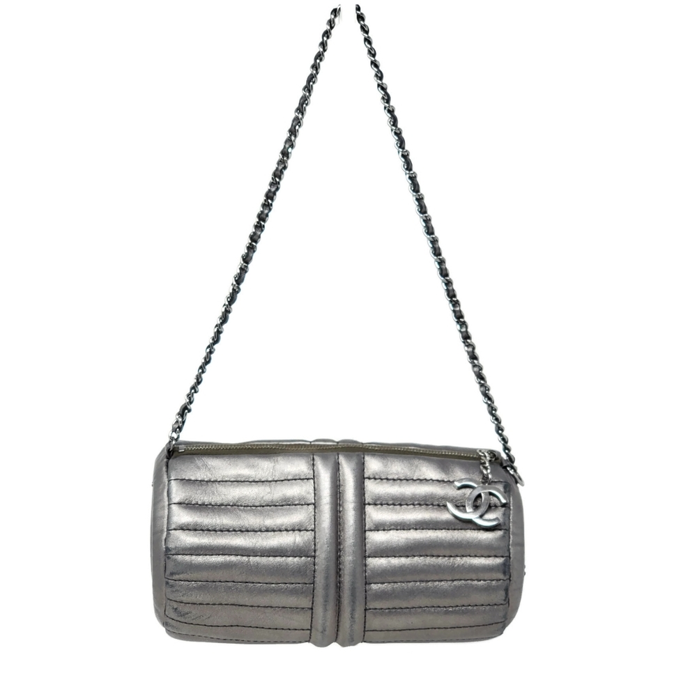 CHANEL Silver Quilted Barrel Shoulder Bag with Chain Strap